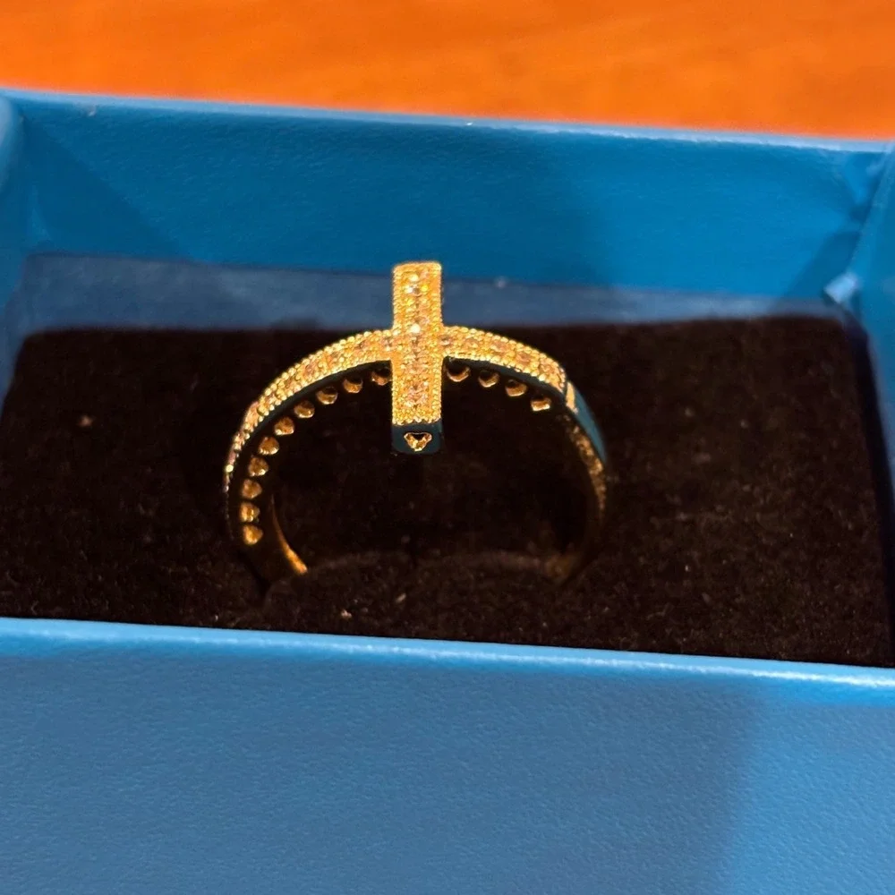 Gold Tone Sideways Cross Pavé Crystal Ring Heart Cutout Detail Statement Jewelry